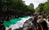 Des étudiants brandissant un drapeau "palestinien" géant lors d'un rassemblement en faveur des Palestiniens et contre Israël, à l'université de la Sorbonne, à Paris, le 29 avril 2024. (Crédit : Geoffroy Van Der Hasselt/AFP)