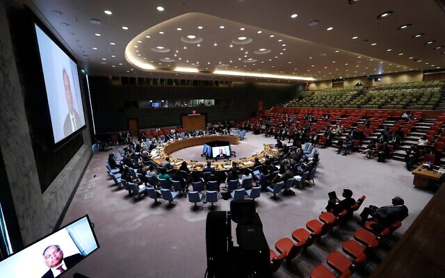 Le Conseil de sécurité des Nations unies tenant une réunion d'urgence sur la situation à Gaza, au siège des Nations unies, à New York, le 10 août 2025. (Crédit : John Lamparski/AFP)
