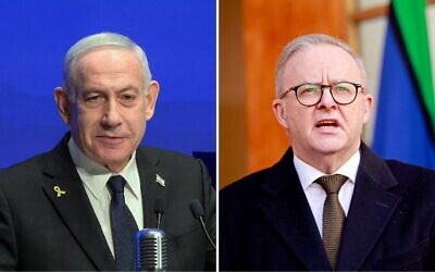 De gauche à droite : le Premier ministre Benjamin Netanyahu lors de la cérémonie d'inauguration du musée de la Knesset à Jérusalem, le 11 août 2025. (Crédit : Maayan Toaf/GPO) ; le Premier ministre australien Anthony Albanese s'exprime lors d'une conférence de presse à Canberra, le 11 août 2025. (Crédit : Hilary Wardhaugh / AFP)