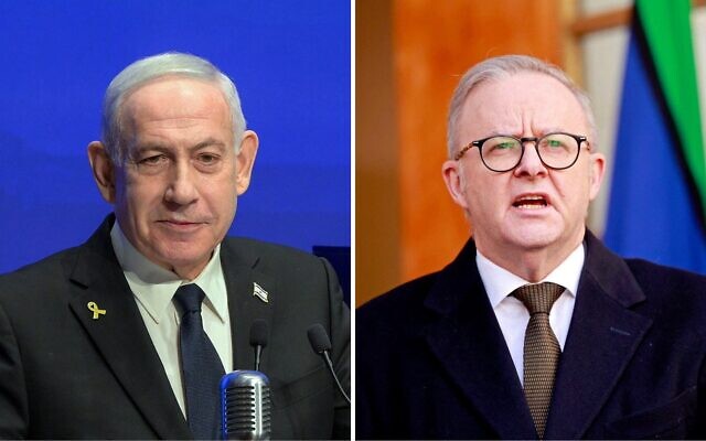 De gauche à droite : le Premier ministre Benjamin Netanyahu lors de la cérémonie d'inauguration du musée de la Knesset à Jérusalem, le 11 août 2025. (Crédit : Maayan Toaf/GPO) ; le Premier ministre australien Anthony Albanese s'exprime lors d'une conférence de presse à Canberra, le 11 août 2025. (Crédit : Hilary Wardhaugh / AFP)