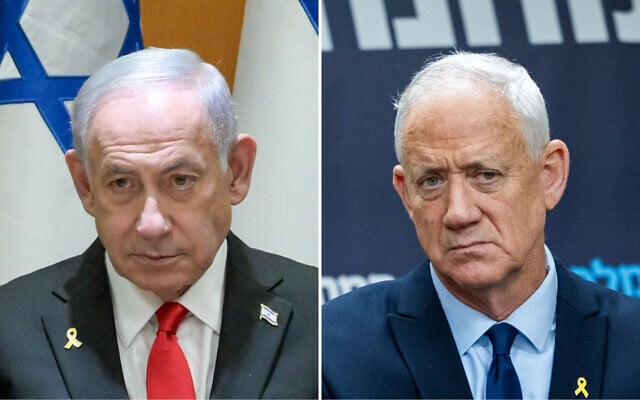 Montage photos (de gauche à droite) : Le Premier ministre Benjamin Netanyahu le 30 juin 2025 ; le député Benny Gantz le 30 juin 2025. (Crédits : Maayan Toaf/GPO ; Chaïm Goldberg/Flash90)