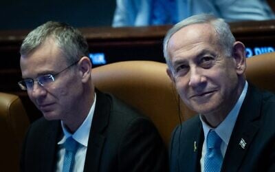 Le Premier ministre Benjamin Netanyahu (à gauche) et le ministre de la Justice Yariv Levin assistant à une session spéciale de la Knesset en l'honneur du président argentin Javier Milei, à Jérusalem, le 11 juin 2025. (Crédit : Yonatan Sindel/Flash90)