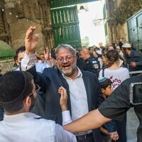 Le ministre de la Sécurité nationale, Itamar Ben Gvir, après une visite sur le Mont du Temple à Jérusalem, le 3 août 2025. (Crédit : Chaim Goldberg/Flash90)