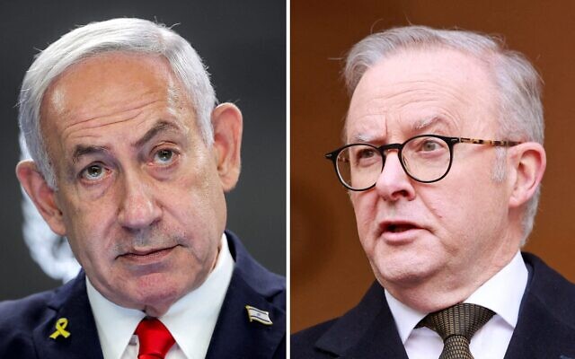 Montage photos (de gauche à droite) : le Premier ministre Benjamin Netanyahu donnant une conférence de presse, à Jérusalem, le 10 août 2025 ; le Premier ministre australien Anthony Albanese s'exprimant lors d'une conférence de presse, à Canberra, le 11 août 2025. (Crédits : Abir Sultan/POOL/AFP ; Hilary Wardhaugh/AFP) Montage photos (de gauche à droite) : le Premier ministre Benjamin Netanyahu donnant une conférence de presse, à Jérusalem, le 10 août 2025 ; le Premier ministre australien Anthony Albanese s'exprimant lors d'une conférence de presse, à Canberra, le 11 août 2025. (Crédits : Abir Sultan/POOL/AFP ; Hilary Wardhaugh/AFP)