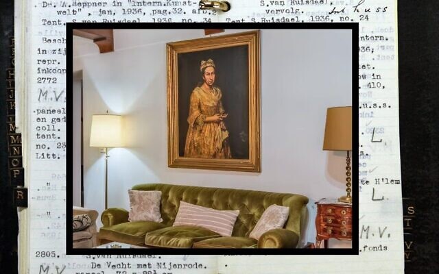 Dans les années 1930, le marchand d'art juif néerlandais Jacques Goudstikker consignait ses acquisitions dans un carnet de poche. Parmi les tableaux qu'il possédait à sa mort, l'un d'eux est réapparu dans une annonce immobilière publiée à Buenos Aires en août 2025. (Crédit : Carnet noir de Marcel Antonisse/AFP via Getty Images via la JTA ; cliché immobilier de Robles Casas & Campas via la JTA)