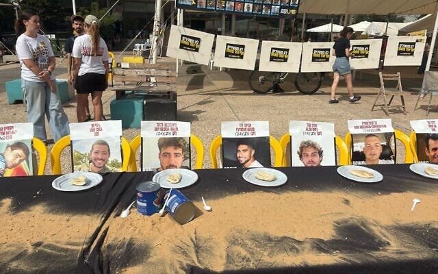 Une exposition présentée sur la place des Otages, à Tel-Aviv, le 26 août 2025, vise à évoquer la famine et les conditions inhumaines dans lesquelles vivent les otages détenus par le Hamas. (Crédit : Ariela Karmel/Times of Israel)