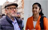 Montage photos (de gauche à droite) : Jeremy Corbyn, ancien chef du parti Labour, participant à une manifestation anti-Israël, à Londres, le 17 février 2024 ; Zarah Sultana, alors députée Labour de Coventry South, arrivant pour une interview avec la BBC, à Londres, le 21 juillet 2024. (Crédits : Alberto Pezzali/AP ; Benjamin Cremel/AFP)