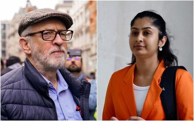 Montage photos (de gauche à droite) : Jeremy Corbyn, ancien chef du parti Labour, participant à une manifestation anti-Israël, à Londres, le 17 février 2024 ; Zarah Sultana, alors députée Labour de Coventry South, arrivant pour une interview avec la BBC, à Londres, le 21 juillet 2024. (Crédits : Alberto Pezzali/AP ; Benjamin Cremel/AFP)