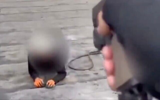 Un policier met en joue un habitant de Cisjordanie lors de son arrestation pour suspicion de préparation d’un attentat à Raanana, le 13 août 2025. (Crédit : Capture d’écran/Police israélienne)