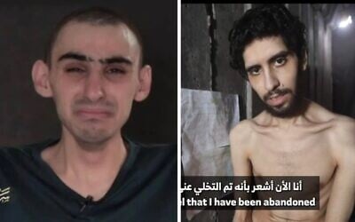 Montage photos tirées de vidéos de propagande du Jihad islamique palestinien et du Hamas, dont la publication a été autorisée par leurs familles en août 2025 (de gauche à droite) : Ram Braslavski et Evyatar David. (Crédits : Capture d'écran)