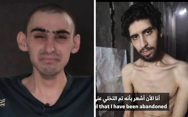 Montage photos tirées de vidéos de propagande du Jihad islamique palestinien et du Hamas, dont la publication a été autorisée par leurs familles en août 2025 (de gauche à droite) : Ram Braslavski et Evyatar David. (Crédits : Capture d'écran)