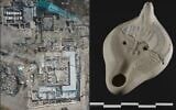 En juillet 2025, un groupe d'experts espagnols avance qu'un bâtiment du IVe siècle situé dans la ville romaine de Cástulo, dans le centre de l'Espagne, servait de synagogue et non d'église, comme on le croyait. À droite : Une vue aérienne du site archéologique. À gauche : reconstitution d'une lampe à huile avec un dessin de menorah découverte à proximité du bâtiment. (Avec l'aimable autorisation de Bautista Ceprián)