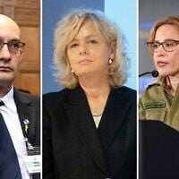 Le procureur général adjoint chargé du droit international Gilad Noam, la procureure générale Gali Baharav-Miara, l'avocate générale militaire Yifat Tomer-Yerushalmi. (Crédit : Nick Gammon/AFP, Yonatan Sindel/Flash90)