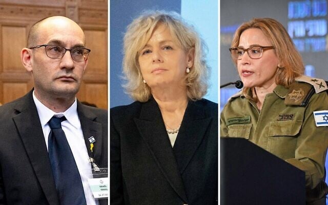 Le procureur général adjoint chargé du droit international Gilad Noam, la procureure générale Gali Baharav-Miara, l'avocate générale militaire Yifat Tomer-Yerushalmi. (Crédit : Nick Gammon/AFP, Yonatan Sindel/Flash90)