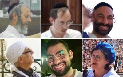 Les victimes d'un attentat terroriste à Jérusalem, le 8 septembre 2025 : en haut, de gauche à droite : Levi Yitzhak Pash, Yisrael Matzner, 28 ans; Rabbi Yosef David, 43 ans. 
En bas, de gauche à droite : Mordechai Steintzeg, 79 ans ; Yaakov Pinto, 25 ans ; Sarah Mendelson, 60 ans. (Autorisations)