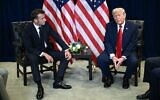 Le président américain Donald Trump tenant une réunion bilatérale avec le président français Emmanuel Macron en marge de l'Assemblée générale des Nations unies, à New York, le 23 septembre 2025. (Crédit : Brendan Smialowski/AFP)