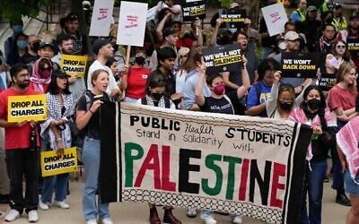 Illustration : Des manifestants se rassemblent sur le campus de l'UCLA, le 12 juin 2024, à Los Angeles. (Crédit : AP Photo/Damian Dovarganes)
