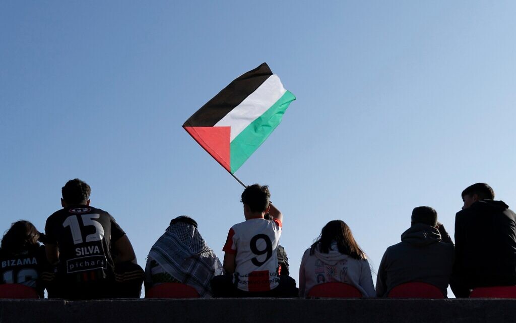 Un supporter du Club Palestino agite un drapeau palestinien lors d'un match de football de championnat local contre Santiago Wanderers au stade La Cisterna à Santiago, au Chili, le vendredi 12 juillet 2024. (Crédit : AP Photo/Matias Basualdo) Un supporter du Club Palestino agite un drapeau palestinien lors d'un match de football de championnat local contre Santiago Wanderers au stade La Cisterna à Santiago, au Chili, le vendredi 12 juillet 2024. (Crédit : AP Photo/Matias Basualdo)