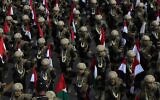 Des combattants houthis participent à un rassemblement anti-Israël hebdomadaire à Sanaa, au Yémen, le 29 août 2025. (Crédit : AP Photo/Osamah Abdulrahman)