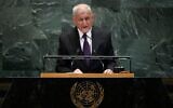 Le président irakien Abdul Latif Rashid s'adresse à la 80e session de l'Assemblée générale des Nations unies, le 23 septembre 2025, au siège de l'ONU à New York. (Crédit : AP Photo/Pamela Smith)