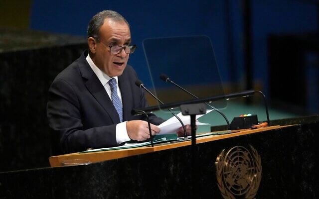 Le ministre égyptien des Affaires étrangères, Badr Abdelatty, s'adressant à la 80ᵉ session de l'Assemblée générale des Nations unies, au siège de l'ONU, le 27 septembre 2025. (Crédit : Pamela Smith/AP) Le ministre égyptien des Affaires étrangères, Badr Abdelatty, s'adressant à la 80ᵉ session de l'Assemblée générale des Nations unies, au siège de l'ONU, le 27 septembre 2025. (Crédit : Pamela Smith/AP)