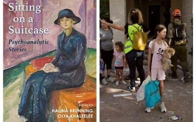 À gauche : « Sitting on a Suitcase : Psychoanalytic Stories », coédité par Olya Khaleelee et Halina Brunning (Autorisation) ; À droite : Des personnes évacuent un immeuble touché par un missile iranien, à l'intérieur duquel plusieurs personnes ont été tuées, à Beer Sheva, le 24 juin 2025. (AP/Bernat Armangue)