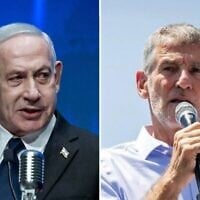 Montage photos (de gauche à droite) : Le Premier ministre Benjamin Netanyahu lors de la cérémonie d'ouverture du nouveau musée de la Knesset, à Jérusalem, le 11 août 2025 ; le chef du parti HaDemocratim, Yaïr Golan, lors d'une manifestation devant le cabinet du Premier ministre, à Jérusalem, le 4 août 2025. (Crédits : Yonatan Sindel/Flash90)