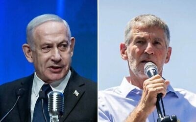 Montage photos (de gauche à droite) : Le Premier ministre Benjamin Netanyahu lors de la cérémonie d'ouverture du nouveau musée de la Knesset, à Jérusalem, le 11 août 2025 ; le chef du parti HaDemocratim, Yaïr Golan, lors d'une manifestation devant le cabinet du Premier ministre, à Jérusalem, le 4 août 2025. (Crédits : Yonatan Sindel/Flash90)