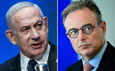 Montage photos (de gauche à droite) : Le Premier ministre Benjamin Netanyahu lors de la cérémonie d'inauguration du nouveau musée de la Knesset, à Jérusalem, le 11 août 2025 ; le Premier ministre belge Bart de Wever participant à une conférence de presse conjointe avec la chancelière allemande après des discussions bilatérales, à la Chancellerie, à Berlin, le 26 août 2025. (Crédits : Yonatan Sindel/Flash90 ; Tobias Schwarz/AFP) Montage photos (de gauche à droite) : Le Premier ministre Benjamin Netanyahu lors de la cérémonie d'inauguration du nouveau musée de la Knesset, à Jérusalem, le 11 août 2025 ; le Premier ministre belge Bart de Wever participant à une conférence de presse conjointe avec la chancelière allemande après des discussions bilatérales, à la Chancellerie, à Berlin, le 26 août 2025. (Crédits : Yonatan Sindel/Flash90 ; Tobias Schwarz/AFP)