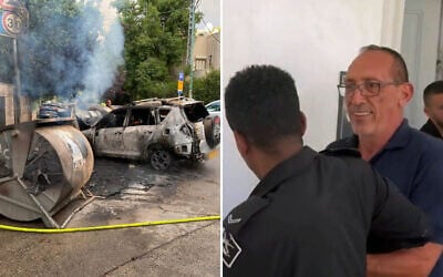 De gauche à droite : une poubelle de recyclage et une voiture incendiées à Jérusalem, le 3 septembre 2025. (Police israélienne) ; l’activiste anti-gouvernemental Amos Doron, soupçonné d’avoir mis le feu d'avoir aux poubelles, est escorté hors de l'audience du tribunal de première instance de Jérusalem, le 4 septembre 2025. (Crédit : Capture d'écran/X) De gauche à droite : une poubelle de recyclage et une voiture incendiées à Jérusalem, le 3 septembre 2025. (Police israélienne) ; l’activiste anti-gouvernemental Amos Doron, soupçonné d’avoir mis le feu d'avoir aux poubelles, est escorté hors de l'audience du tribunal de première instance de Jérusalem, le 4 septembre 2025. (Crédit : Capture d'écran/X)