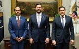 De gauche à droite : le Premier ministre du Qatar, Mohammed ben Abdulrahman al-Thani, le vice-président américain JD Vance et le secrétaire d'État américain Marco Rubio, lors d'une rencontre à Washington, le 13 septembre 2025. (Crédit : Ministère des Affaires étrangères du Qatar/X)
