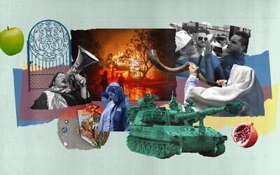 Collage sur le thème des événements qui se sont déroulés au cours de l'année écoulée, 5785. (Crédit : Illustration JTA par Grace Yagel)