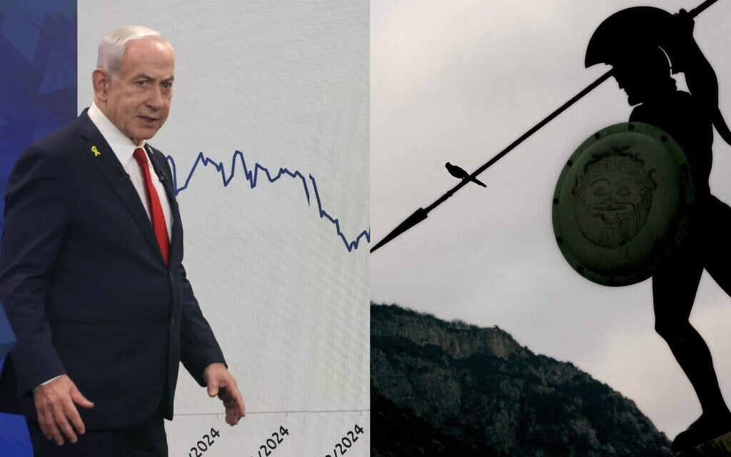À gauche : Le Premier ministre Benjamin Netanyahu donne une conférence de presse à Jérusalem, le 16 septembre 2025. À droite : La statue du roi Léonidas de l'ancienne Sparte se dresse au-dessus du champ de bataille des Thermopyles, dans le centre de la Grèce, le 9 mars 2007. (Marc Israel Sellem/POOL ; PARIS PAPAIOANNOU/AFP) À gauche : Le Premier ministre Benjamin Netanyahu donne une conférence de presse à Jérusalem, le 16 septembre 2025. À droite : La statue du roi Léonidas de l'ancienne Sparte se dresse au-dessus du champ de bataille des Thermopyles, dans le centre de la Grèce, le 9 mars 2007. (Marc Israel Sellem/POOL ; PARIS PAPAIOANNOU/AFP)