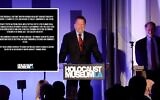 Arnold Schwarzenegger prend la parole lors du 15e gala annuel du Musée de l'Holocauste de Los Angeles, organisé à l'hôtel Beverly Hills le 6 novembre 2023. La déclaration du musée américain concernant la suppression de sa publication sur les réseaux sociaux du 5 septembre 2025 est insérée dans l'encadré. (Crédit : Photo de Kevin Winter/Getty Images via JTA)