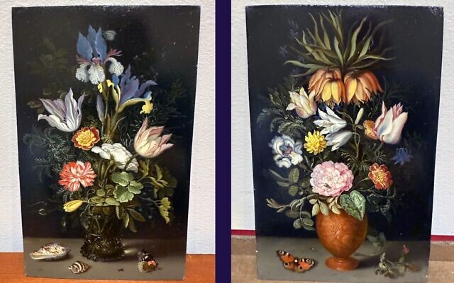 Deux tableaux d'Ambrosius Bosschaert récupérés par la Monuments Men and Women Foundation. (Crédit : Monuments Men and Women Foundation via la JTA)