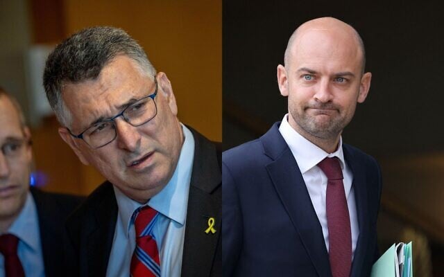 Montage photos (de gauche à droite) : Le ministre des Affaires étrangères Gideon Saar, à Jérusalem, le 31 juillet 2025 ; le ministre français des Affaires étrangères Jean-Noël Barrot, à l'Élysée, à Paris, le 4 septembre 2025. (Crédits : Chaïm Goldberg/Flash90 ; Ludovic Marin/AFP)