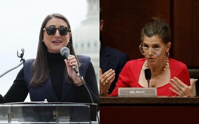 Montage photos (de gauche à droite) : La représentante démocrate de Californie, Sara Jacobs, s'exprimant lors d'un rassemblement au Capitole, à Washington, le 10 avril 2025 ; la représentante républicaine de Caroline du Sud, Nancy Mace, participant à un groupe de travail de la commission de surveillance de la Chambre des représentants, au Capitole, à Washington, le 9 septembre 2025. (Crédits : Jemal Countess/Getty Images pour Fair Share America/AFP ; Kevin Dietsch/Getty Images/AFP)