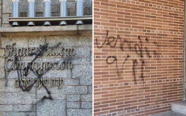 Des graffitis antisémites sur la synagogue Shaar Shalom (à gauche) et la synagogue Beth Israel à Halifax, en Nouvelle-Écosse, découverts le 14 septembre 2025. (Crédit : Centre for Israel and Jewish Affairs via la JTA)