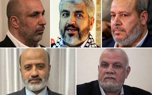 Image composite des cinq membres de la direction conjointe temporaire du Hamas. Rangée du haut, de gauche à droite : Zaher Jabarin, Khaled Mashaal, Khalil al-Hayya. Rangée du bas, de gauche à droite : Muhammad Ismail Darwish, Nizar Awadallah. (Crédits : Mahmud Hams/AFP, Louai Beshara/AFP, Hamas, Ashraf Amra/APA/ZUMA Press via Alamy)