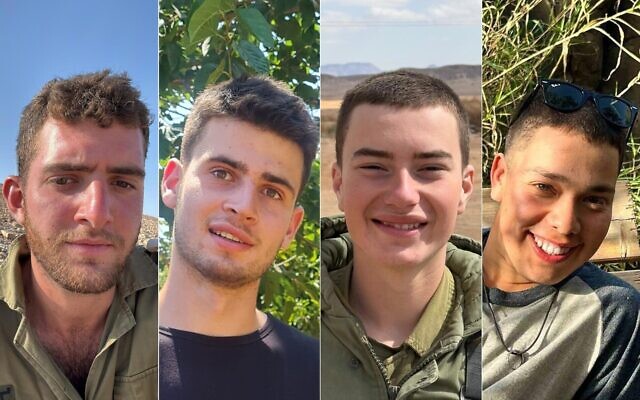 Montage photos (de gauche à droite) : Le lieutenant Matan Abramovitz, le sergent-chef Uri Lamed, le sergent Amit Arye Regev et le sergent Gadi Cotal, tués dans la bande de Gaza le 8 septembre 2025. (Crédit : Armée israélienne)