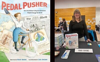La couverture de "Pedal Pusher" de Mary Boone ; l'autrice lors d'un salon du livre. (Autorisation : Mary Boone via JTA) La couverture de "Pedal Pusher" de Mary Boone ; l'autrice lors d'un salon du livre. (Autorisation : Mary Boone via JTA)