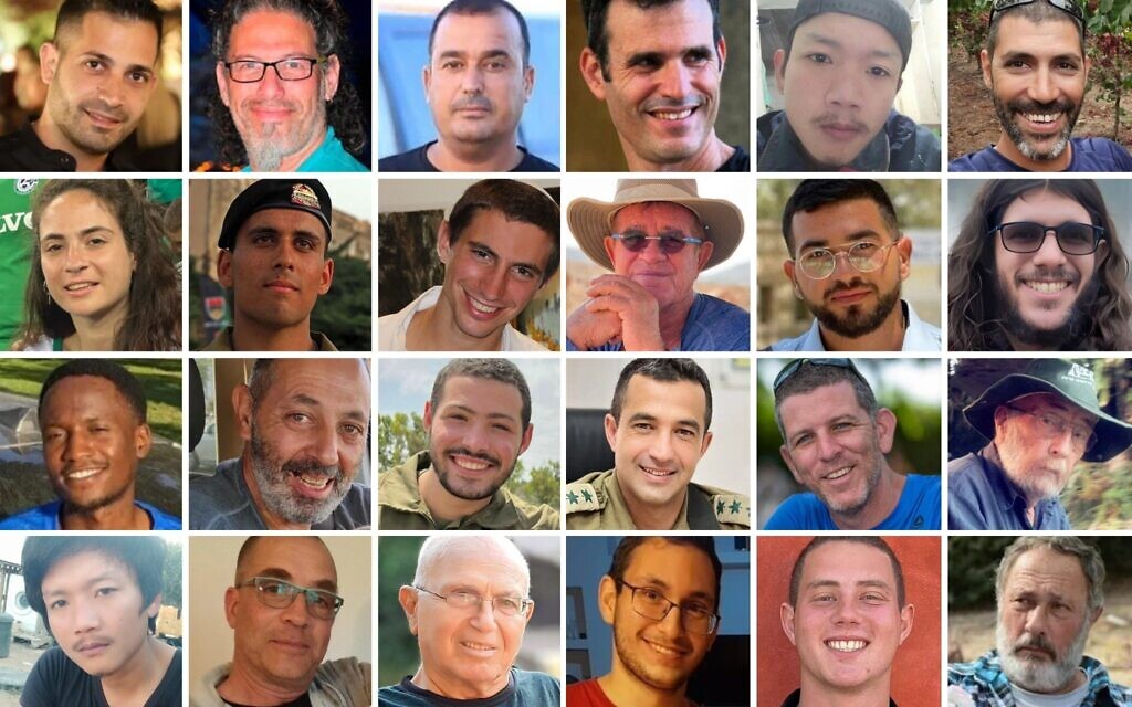 Les 24 otages décédés toujours détenus dans la bande de Gaza, au 14 octobre 2025. Rangée supérieure, de gauche à droite : Uriel Baruch, Ronen Engel, Muhammad Alatrash, Dror Or, Sonthaya Oakkharasri, Tamir Adar. Deuxième rangée, de gauche à droite : Inbar Heiman, le sergent Oz Daniel, le lieutenant Hadar Goldin, Manny Godard, le sergent de première classe Ran Gvili, Sahar Baruch. Troisième rangée, à partir de la gauche : Joshua Mollel, Eitan Levy, le sergent Itay Chen, le colonel Asaf Hamami, Tal Chaimi, Aryeh Zalmanovich. Dernière rangée : Sudthisak Rinthalak, le major Lior Rudaeff, Amiram Cooper, Tamir Nimrodi, Omer Neutra, Eliyahu Margalit. (Crédit : Times of Israel/Autorisation)