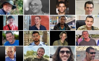 Montage photos réalisé par le Times of Israel des otages assassinés dont les corps sont détenus à Gaza en date du 19 octobre 2025 : (Rangée supérieure, de gauche à droite) Aryeh Zalmanovich, Lior Rudaeff, Oz Daniel, Dror Or ; (2ᵉ rangée) Sudthisak Rinthalak, Omer Neutra, Joshua Mollel, Asaf Hamami ; (3ᵉ rangée) Tal Haïmi, Ran Gvili, Hadar Goldin, Meny Godard ; (4ᵉ rangée) Amiram Cooper, Itay Chen, Sahar Baruch et Tamir Adar. (Crédits : Autorisation)