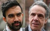 Montage photos (de gauche à droite) : Le candidat démocrate à la mairie de New York, Zohran Mamdani, à New York le 16 avril 2025 ; le candidat à la mairie de New York Andrew Cuomo, à New York, le 13 avril 2025. (Crédits : Angela Weiss et Charly Triballeau/AFP)