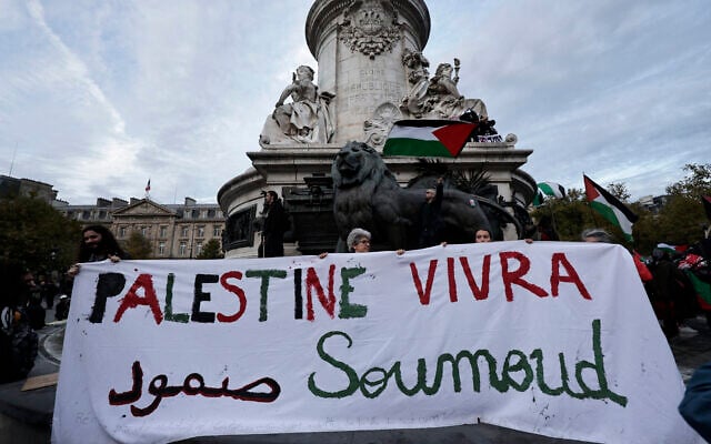 Les participants brandissent une banderole sur laquelle on peut lire « Palestine vivra » lors d'une manifestation de solidarité avec les Palestiniens et pour condamner l'interception de la flottille Global Sumud par l'armée israélienne, place de la République à Paris, le 2 octobre 2025. (Crédit  : STEPHANE DE SAKUTIN / AFP)