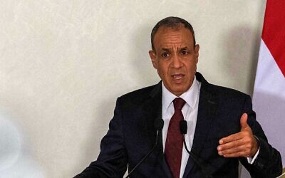 Le ministre égyptien des Affaires étrangères Badr Abdelatty lors d'une conférence de presse conjointe avec le ministre allemand des Affaires étrangères dans un hôtel de la banlieue est du Caire, le 7 octobre 2025. (Crédit : Khaled DESOUKI / AFP)