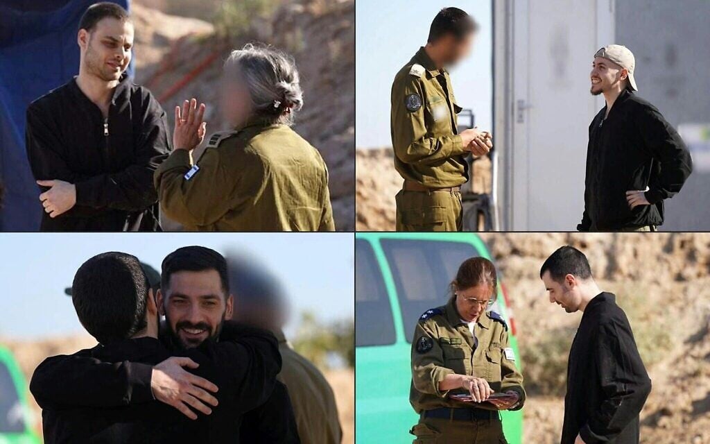 Cette combinaison de photos publiées par l'armée israélienne montre les otages libérés (de gauche à droite, de haut en bas) Alon Ohel, Eitan Mor, Gali Berman et Guy Gilboa-Dalal (Crédit : Armée israélienne / AFP).