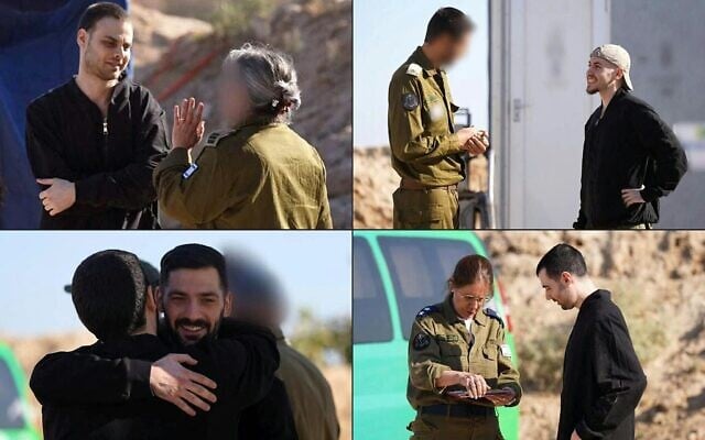 Cette combinaison de photos publiées par l'armée israélienne montre les otages libérés (de gauche à droite, de haut en bas) Alon Ohel, Eitan Mor, Gali Berman et Guy Gilboa-Dalal (Crédit : Armée israélienne / AFP).