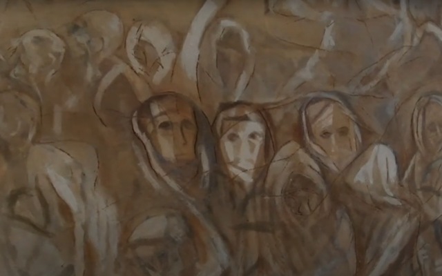 Une fresque de Miklos Bokor sur la Shoah à la chapelle de Maraden. (Capture d'écran/YouTube) Une fresque de Miklos Bokor sur la Shoah à la chapelle de Maraden. (Capture d'écran/YouTube)