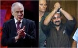 Montage photos (de gauche à droite) : Le président du Congrès juif mondial, Ronald Lauder (à gauche), s'exprimant lors d'une commémoration du 80e anniversaire de la libération du camp de concentration et d'extermination nazi allemand d'Auschwitz-Birkenau par l'Armée rouge, à Oswiecim, en Pologne, le 27 janvier 2025 ; Marwan Barghouti levant les mains menottées en l'air lors de la première journée de son procès à Tel Aviv, le 14 août 2002. (Crédits :  Wojtek Radwanski/AFP ; Brennan Linsley/AP)